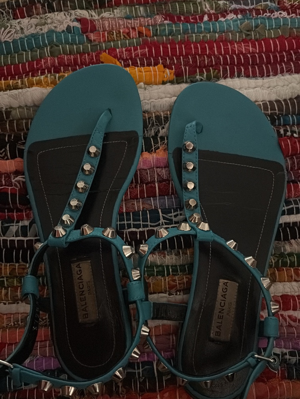 Balenciaga Teal Studded T-Strap Sandals